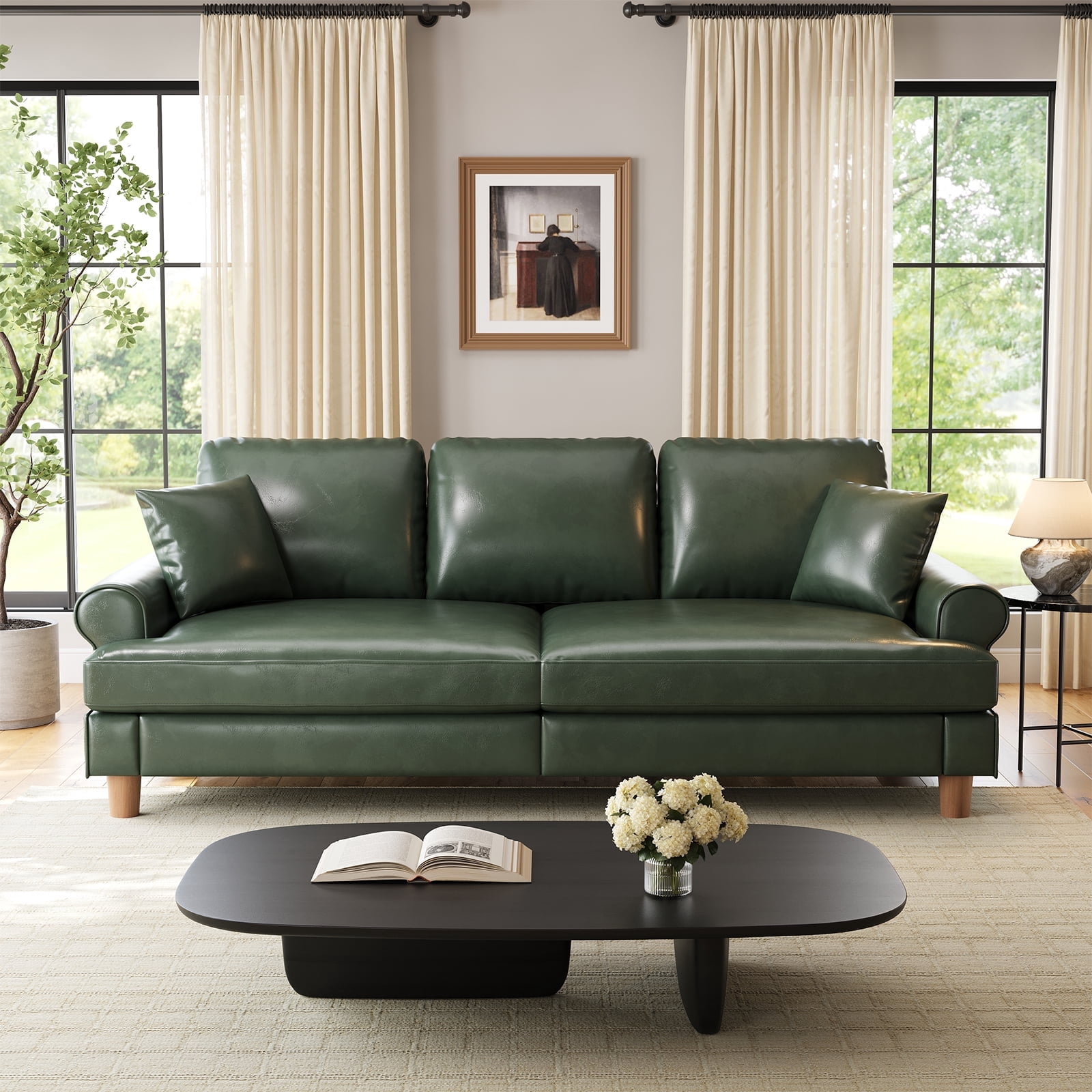 87" Couch Premium PU Leather Sofa, Comfy Extra Deep Seat 3 Seater Couch for Living Room, with 2 Pillows, Green