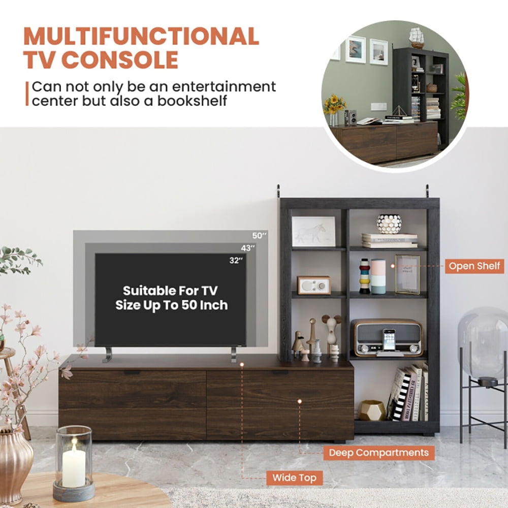 Finihen TV Stand, TV Cabinet, 2-In-1 TV Stand with 4-tier Bookshelf for TVs up to 50 Inch, Media Entertainment Center with Storage, for Living Room, Bedroom, Walnut