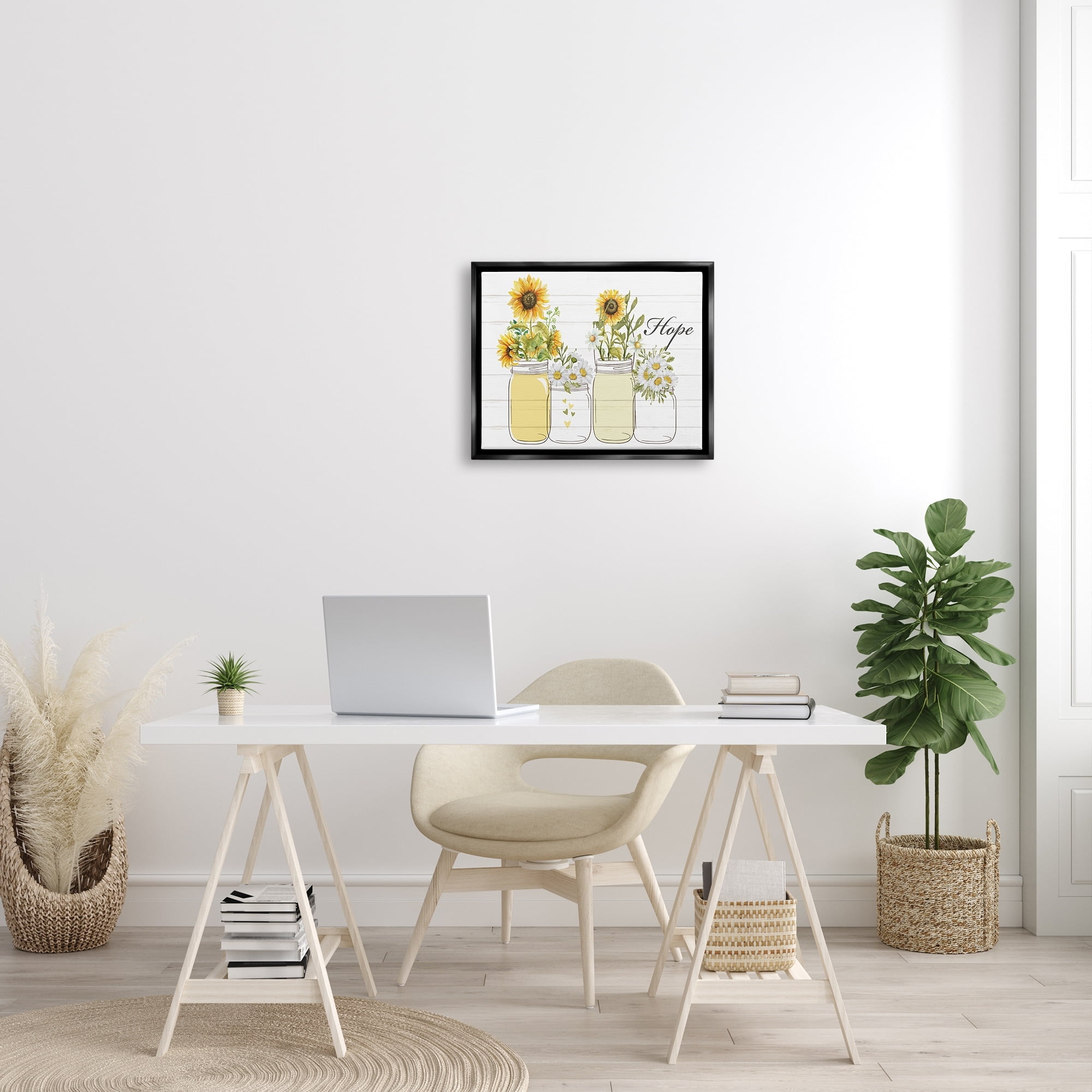 Stupell Industries Hope Script Sunflower Jars Rustic Country Flowers Graphic Art Jet Black Floating Framed Canvas Print Wall Art, Design by Kim Allen
