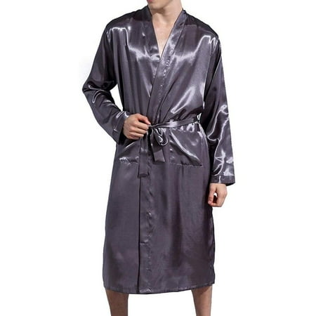 

[BRAND FACTORY PRICE!]Men s V Neck Satin Robe Long Bathrobe Pajamas Imitation Silk Bathrobe Classic Pocket Home Service Pajamas