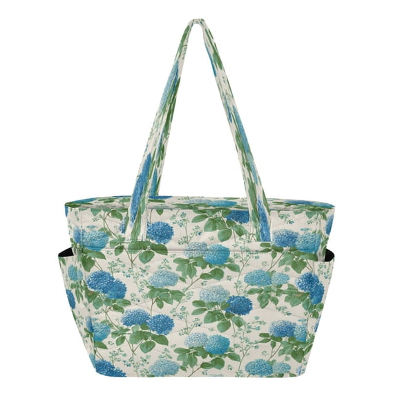 Quilted Tote Bag Large Capacity Multi-Compartment Handbag Lightweight Structured Shoulder Bag Versatile Casual Bag Blue Hydrangea Pattern