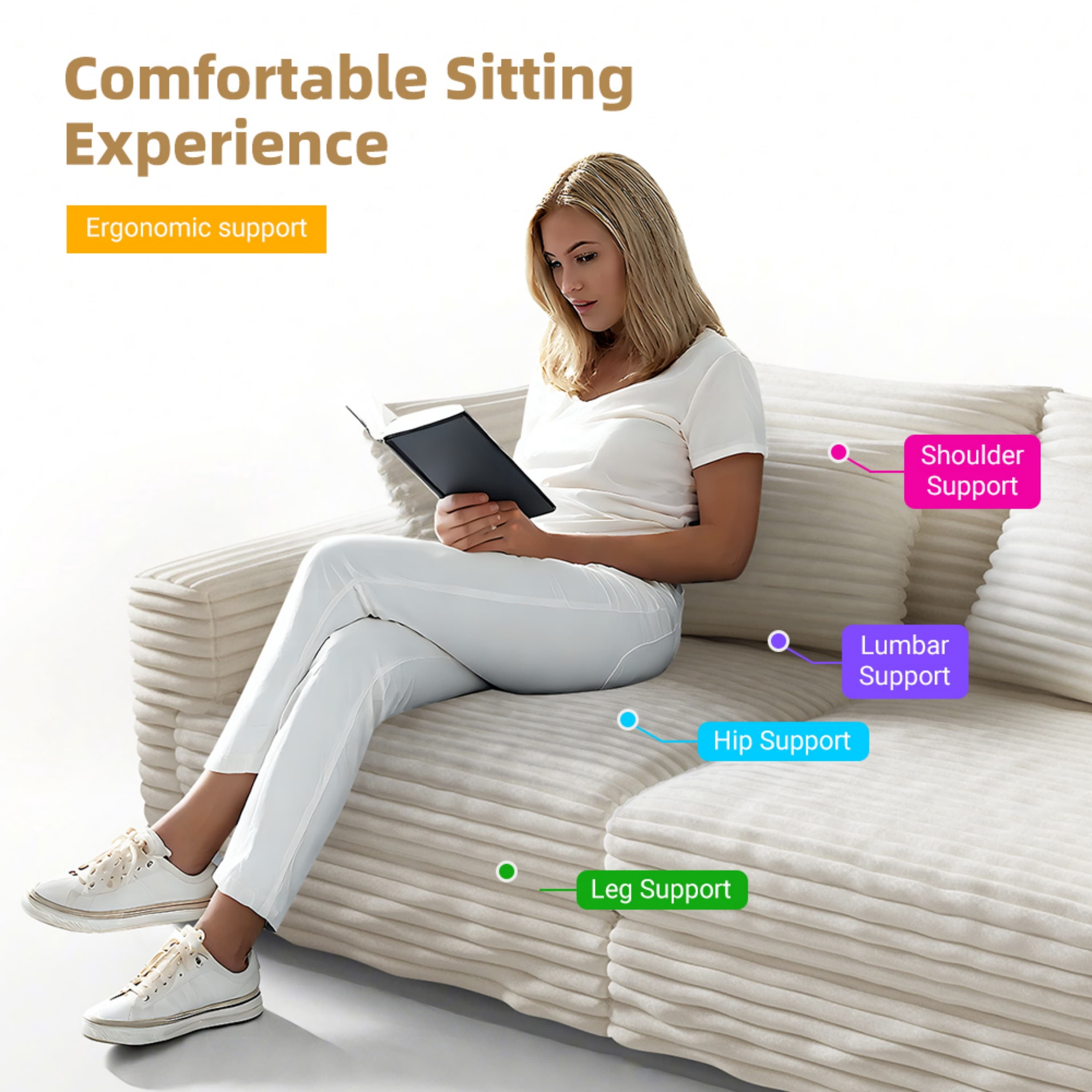 Alvantor 3-Seat Sofa with Movable Ottomans 83 " W Corduroy Upholstered Deep Seat Couches L Shaped Convertible Chaise for Living Room, Apartment Beige