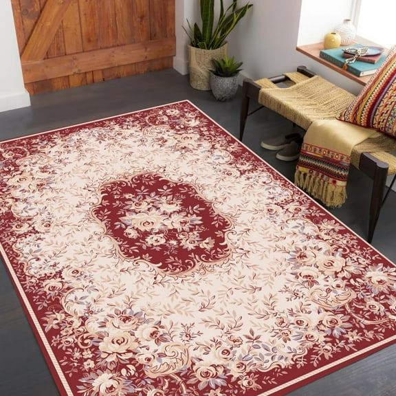 Beige Red French Court Traditional Floral Area Rug Ultra Washable Antique Vintage Rug For Livingroom Bedroom Diningroom Boho Office Indoor Floor Carpet 2x3ft