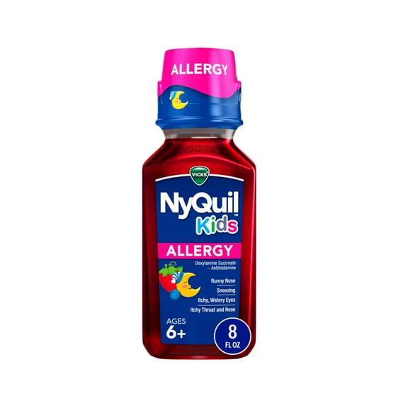 Vicks NyQuil Kids Allergy Liquid, Kids Nighttime Allergy Symptom Relief, Doxylamine Succinate Antihistamine, Berry Flavor, Ages 6 , 8 FL OZ
