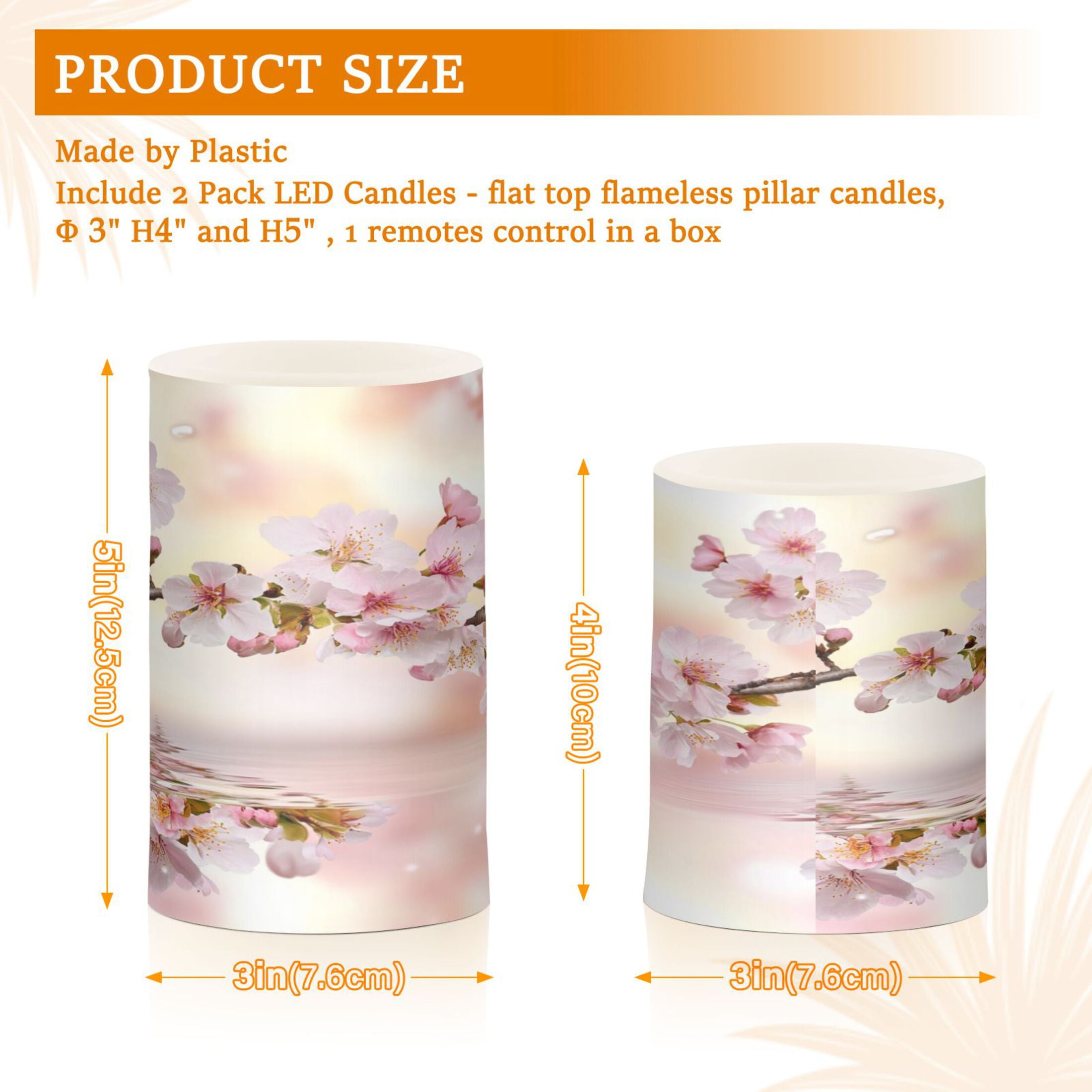 Flameless Candles Lights, Pack of two LED Lights, Dimmable LED Pillar Candles Battery Operated, Flames Remote Control Beautiful Cherry and Butterflies