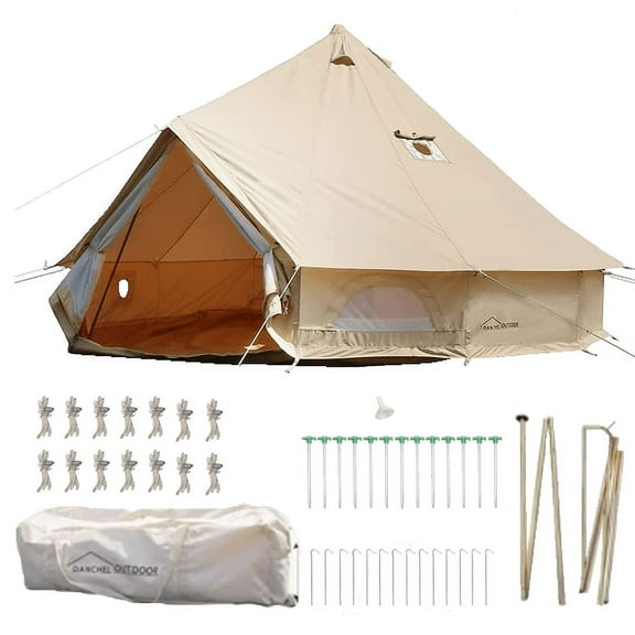 DANCHEL OUTDOOR 16.4ft=5M Cotton Canvas Waterproof Bell Tent with 2 Stove Jacks for Family Camping(6 Person)
