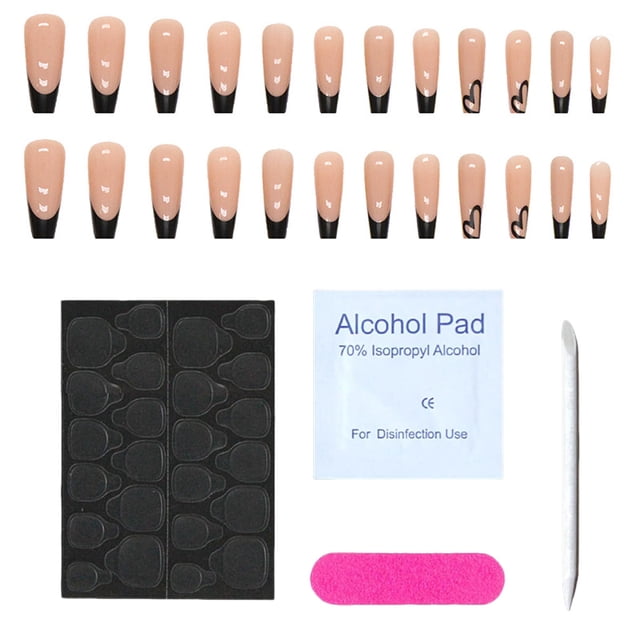24 uñas postizas francesas con punta negra, uñas adhesivas cuadradas, uñas postizas extraíbles con pegamento, cobertura total, accesorios para decoración de uñas para mujeres y niñas.