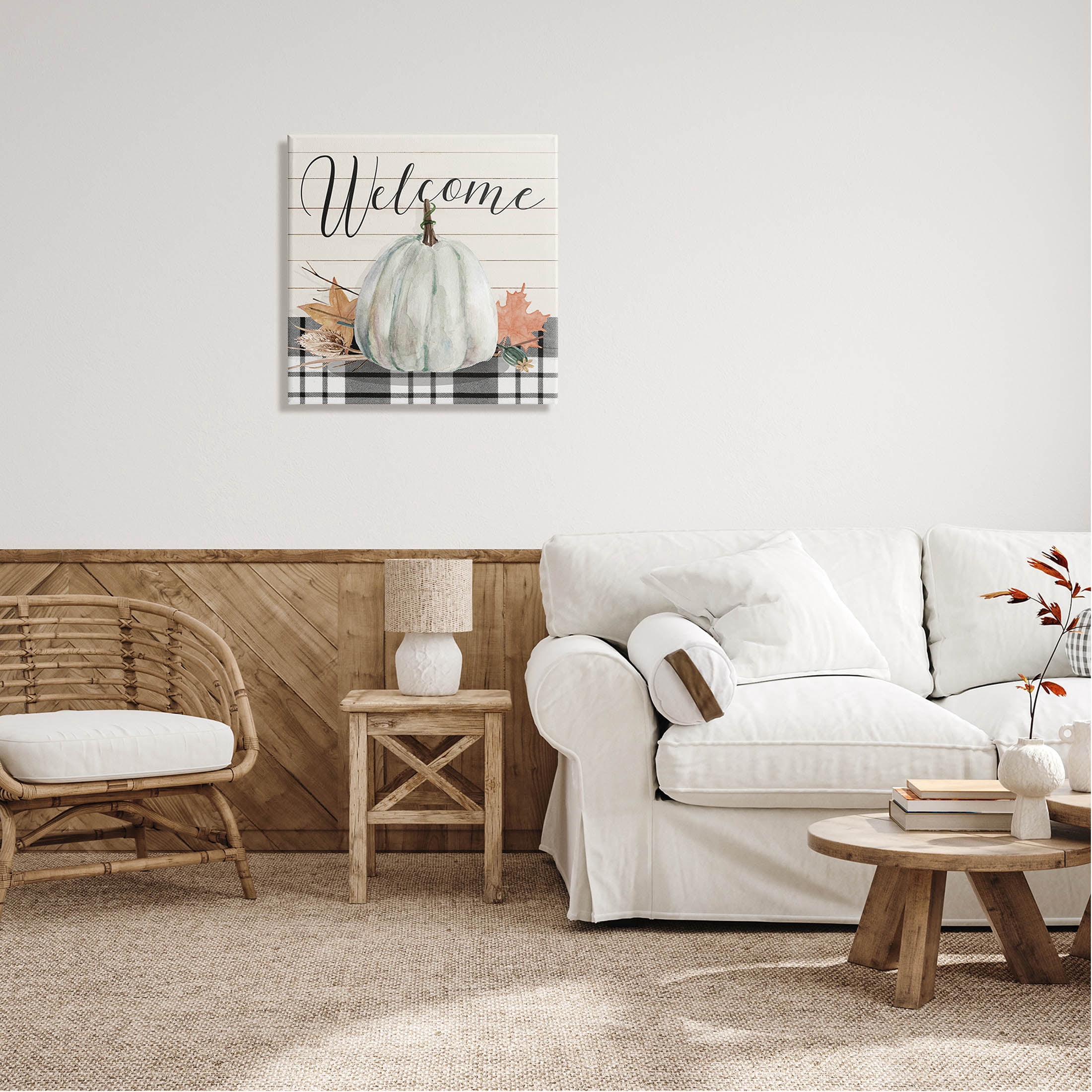 Stupell Industries Welcome Plaid Pumpkin Sign Graphic Art Gallery Wrapped Canvas Print Wall Art, Design by Livi Finn