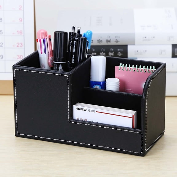 FEOLGEHLY Faux Leather Pen Pencil Holder for Desk Notebook, Large Capacity Pen Organizer Cup, Stitched Decorative Storage Box for Home Office Desktop Stationery, Remote Control and Makeup, Black
