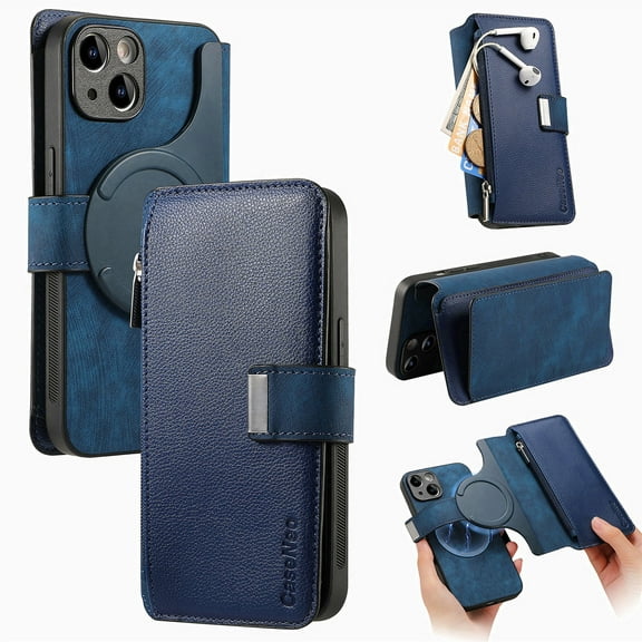 Feishell For iPhone 15 Plus Wallet [Support Magsafe Charger] Magnetic Detachable Flip Leather Phone Case with Card Slots[RFID Blocking], Zipper Bag, Kick-Stand For iPhone 15 Plus, Blue