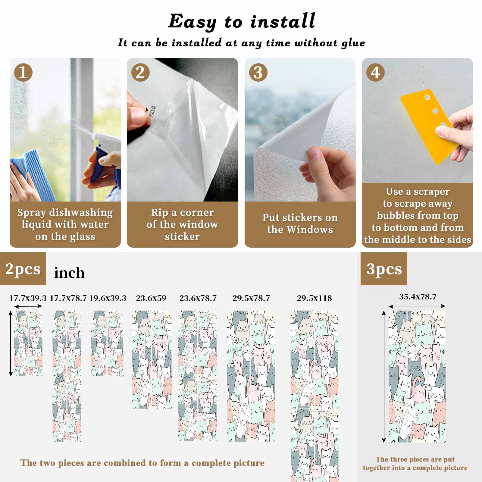 Cartoon Cat Window Privacy Film, Funny Cute Colorful Animal Pet Static Cling UV Sun Blocking Tint Film Heat Control Windows Films for Bedroom Bathroom, Window Stickers 23.6"x59"