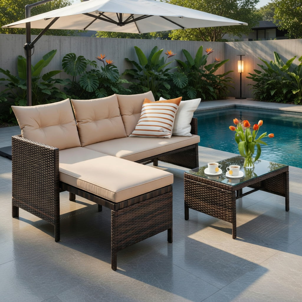 Hommoo 3-Piece Outdoor Wicker Patio Sofa Set with Tempered Glass Coffee Table, Rattan Sectional for Backyard, Deck or Balcony, Brown