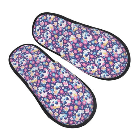

KLL blue flower Skull colorful Slippers for Women Men House Slip on Indoor Outdoor Bedroom Furry Fleece Lined Ladies Comfy Anti-Skid Rubber Hard Sole-Medium
