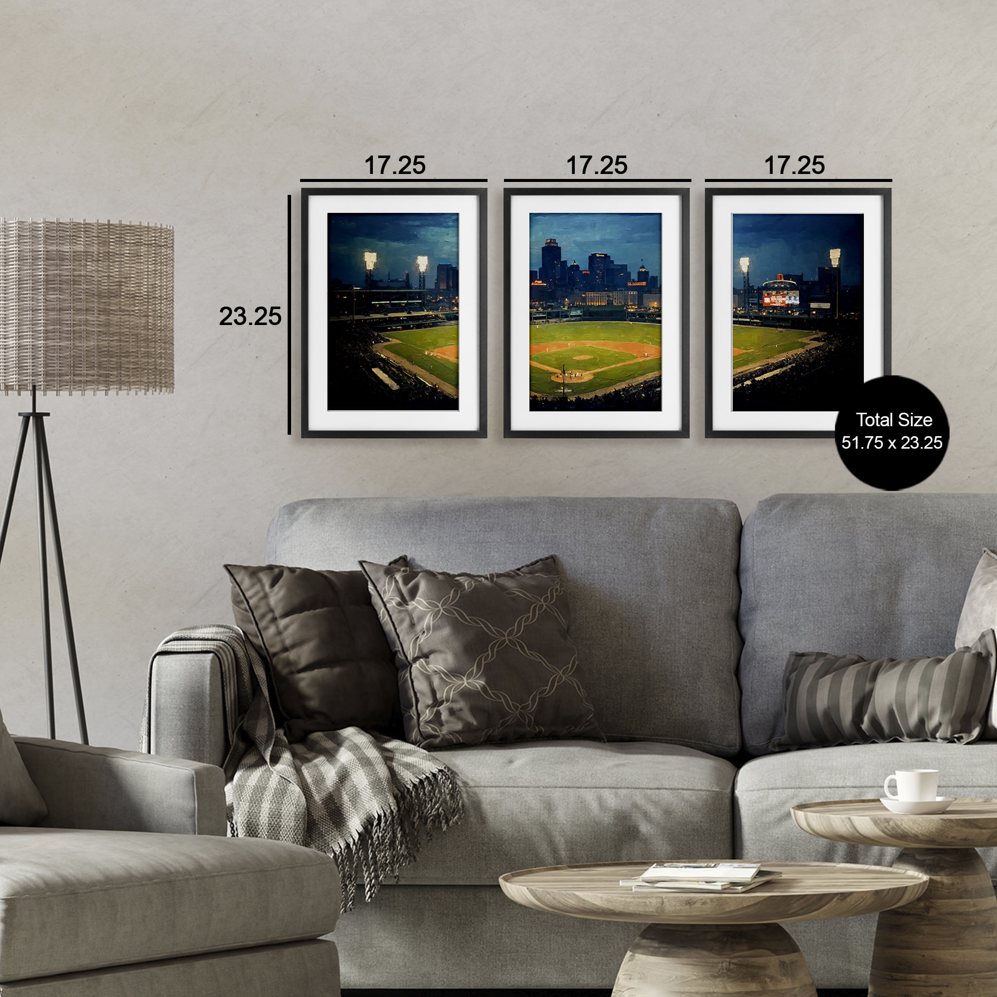 Stupell Industries Baseball Stadium Night View 3 Piece Black Framed Print Under Glass Set, design by Arlington Prints