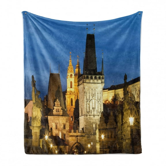 European Soft Flannel Fleece Throw Blanket, Charles Bridge Tower Dusk Czech Repuclic Prague Architecture Scenes from Europe, Cozy Plush for Indoor and Outdoor Use, 60" x 80", Multicolor, by Ambesonne