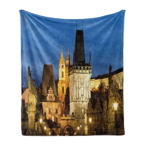 European Soft Flannel Fleece Throw Blanket, Charles Bridge Tower Dusk Czech Repuclic Prague Architecture Scenes from Europe, Cozy Plush for Indoor and Outdoor Use, 50" x 60", Multicolor, by Ambesonne
