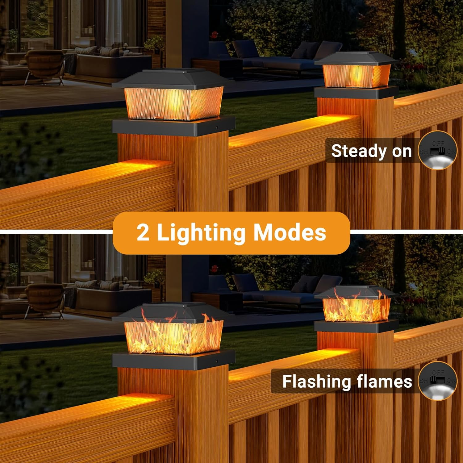 8 Pack Solar Flame Post Cap Lights,4x4 Outdoor Fence Post Lights with Flickering Flame Effect, Waterproof Solar Deck Lights for 4x4 and 3.5x3.5 Wood Vinyl Posts, Black