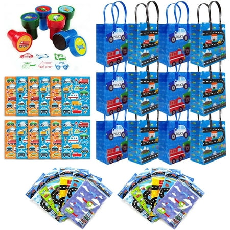 Transportation Vehicles Airplanes Cars Trains Birthday Party Assortment Favor Set of 108 pcs (12 Large Party Favor Treat Bags with Handles, 24 Self-Ink Stamps for Kids, 12 Sticker Sheets, 12 Coloring