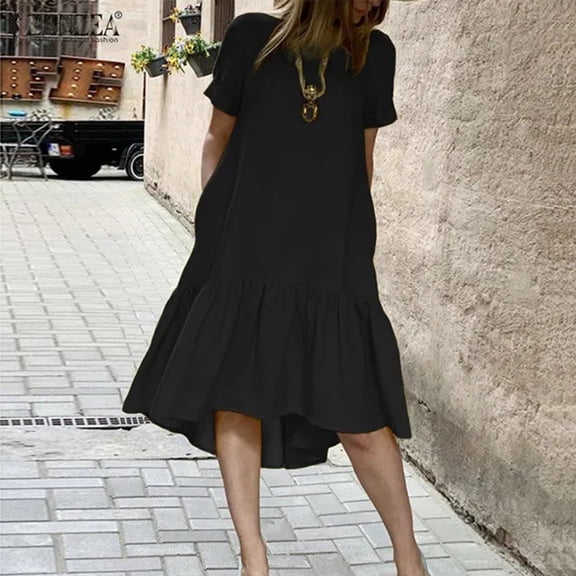 ClodeEU Women's Short Sleeve Crewneck Ruffle Hem T-Shirt Dress,Casual Round Neck Flowy Midi Dress Black,Women's Plus L