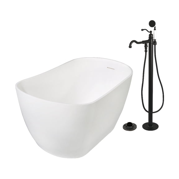 Kingston Brass KRTSS5130130AL 51" Solid Surface Oval Single Slipper Freestanding Tub with Faucet Combo and Drain, Matte Black