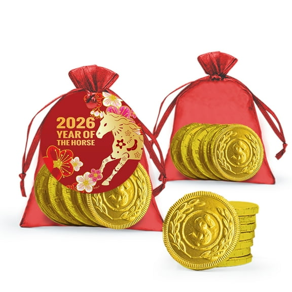 12 Lucky Money Bags With Chocolate Coins (5 Coins Each) - Lunar New Year Favors (Year Of The Horse)