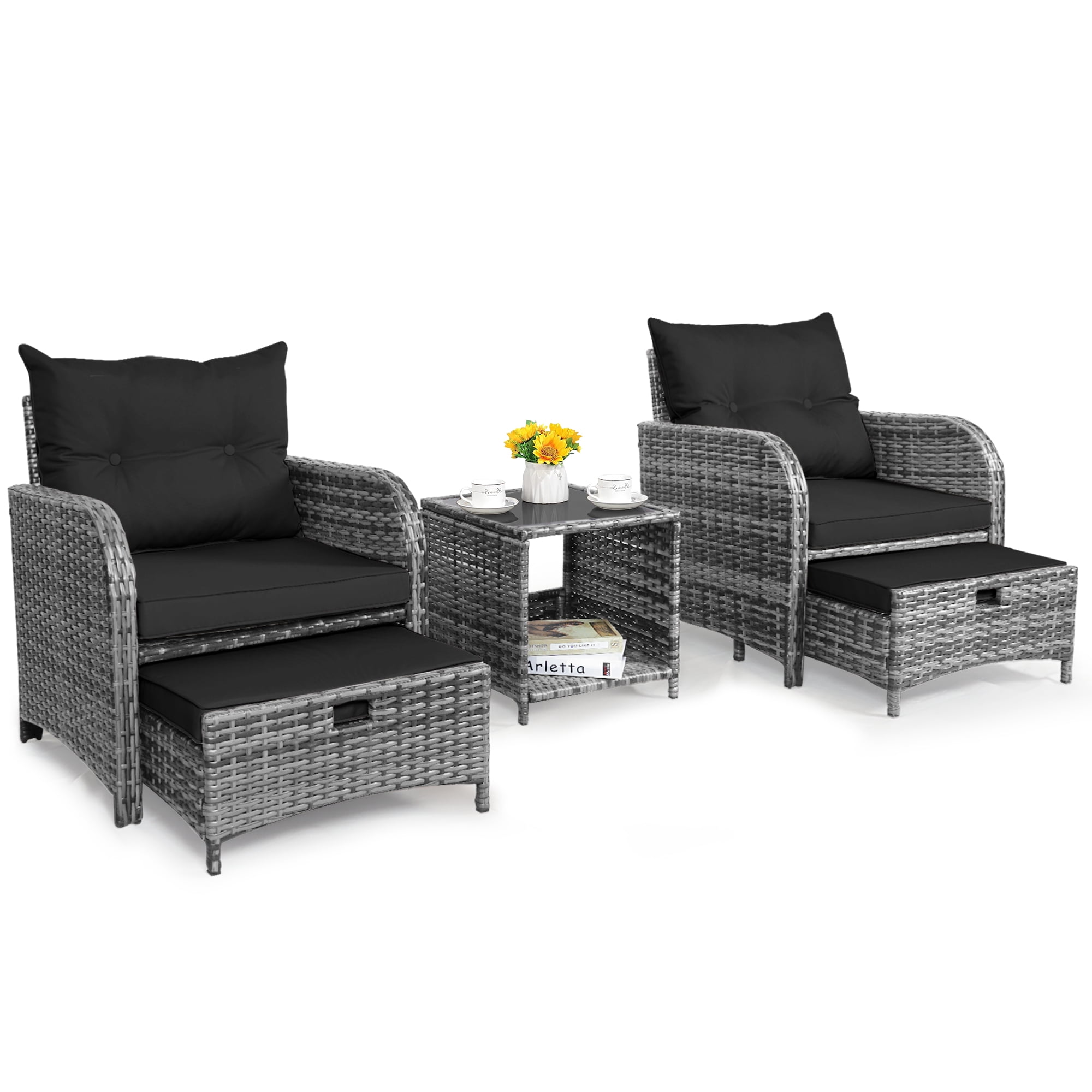 5 Piece Rattan Outdoor Patio Furniture Set, 5 Pieces Wicker Outdoor Patio Chairs Set with Ottoman, Black