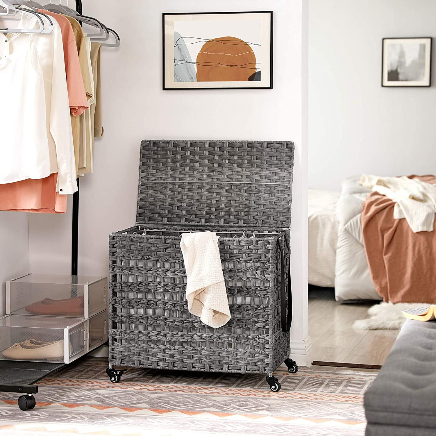 140L Laundry Hamper on Wheels 3 Compartment Laundry Sorter with Lid Clothes Hamper with Handles Wiker Laundry Basket for Laundry Room Gray