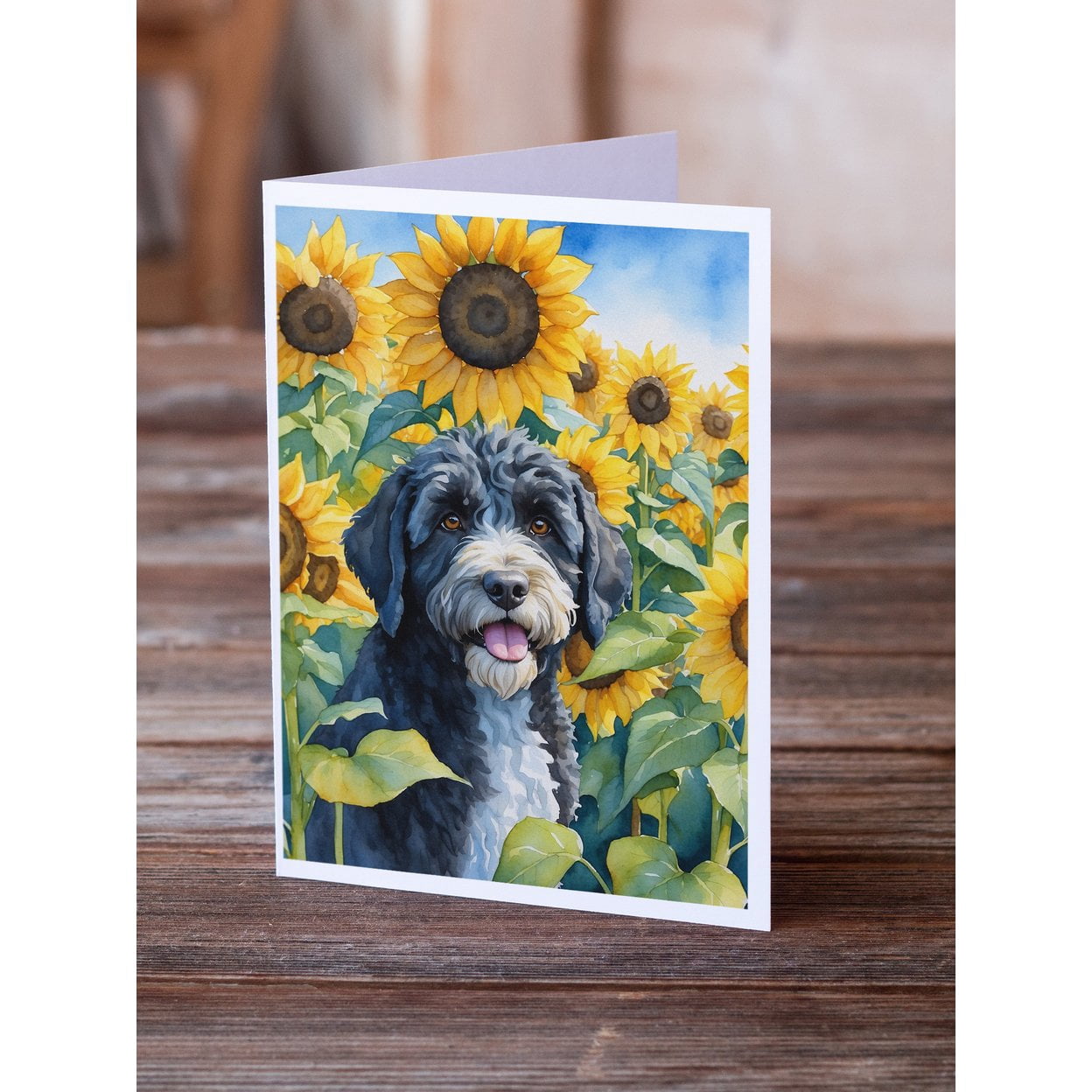 Portuguese Water Dog in Sunflowers Greeting Cards Pack of 8 7 in x 5 in