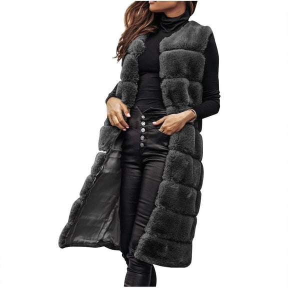 HTNBO Women's Winter Faux Fur Vest Sleeveless Jackets Open Front Long Shaggy Outerwear Fuzzy Fleece Jacket Coat