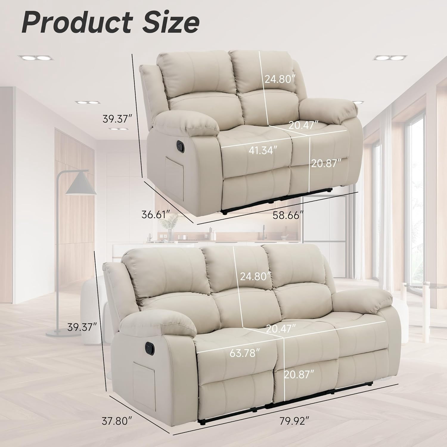 Chizzysit Reclining Couch Sleeper Sofa Set Chaise Lounge Chair Leather Recliner Couch Loveseat for Living Room, Theater Seating - Beige