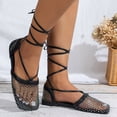 thumbnail image 3 of IUJSOY Womens Mesh Flats Rhinestone Fishnet Sandals Lace up Closed Toe Strappy Slip on Shoes, 3 of 9