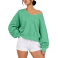 thumbnail image 4 of Mutghys Off the Shoulder Sweatshirt for Women V Neck Solid Color Long Sleeve Pullover Sweater Home Daily Shopping Loose Comfy Fall Sweatshirts S-2XL, 4 of 8