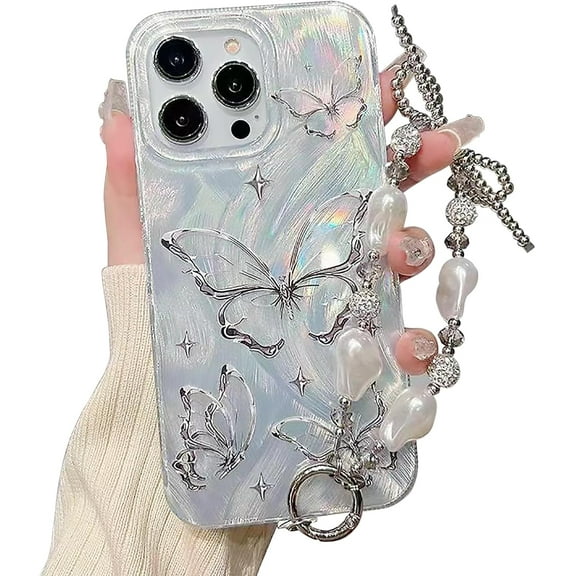 Compatible with iPhone 14 Case,Cute Butterfly Pattern Bling Glitter PC Hard Back with Pearly Wrist Strap Bracelet Chain for Women Girls Silicone Shockproof Case for iPhone 14