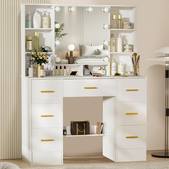 JBLCC Makeup Vanity Desk with Lighted Mirror, Vanity Set w/ Drawers Dressing Table for Girls, White