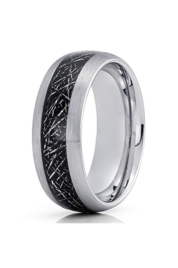 Meteorite Tungsten Wedding Band - Silver Tungsten Ring - Meteorite Ring (9)
