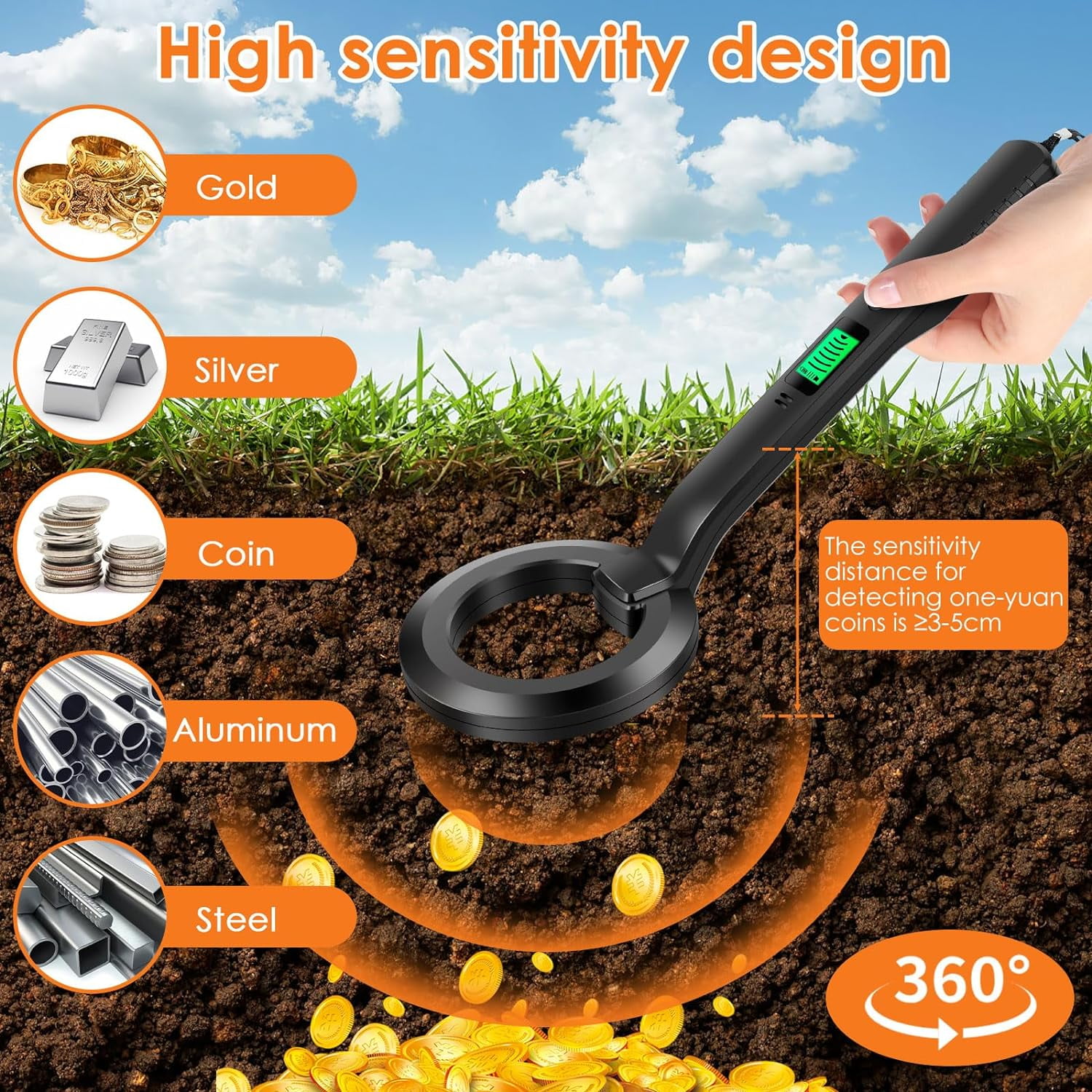 SLGHLSAHG Handheld Highly Sensitive Metal Detectors, Metal Detector Pinpointer with Audible and Vibration Alerts, 360°Search IP54 Waterproof Metal Treasure Finder for Adults & Kids A79318