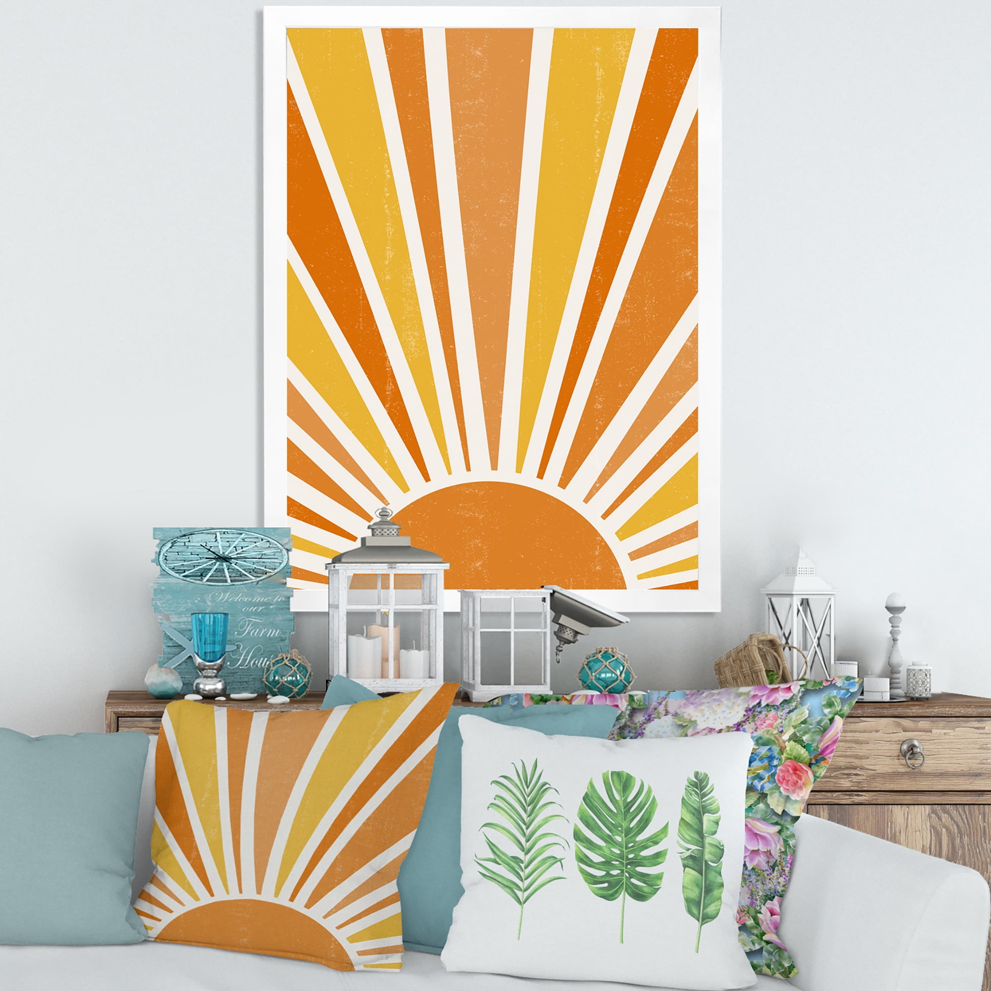 Designart 'Minimal Bright Shining Orange Sun Rays II' Modern Framed Art Print
