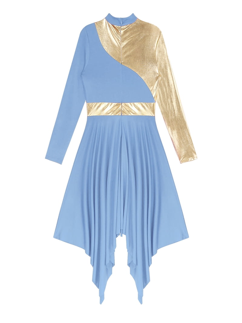 TiaoBug Women's Liturgical Praise Dance Costume Metallic Color Block Dress  Church Worship Dancewear Light Blue M - Walmart.com