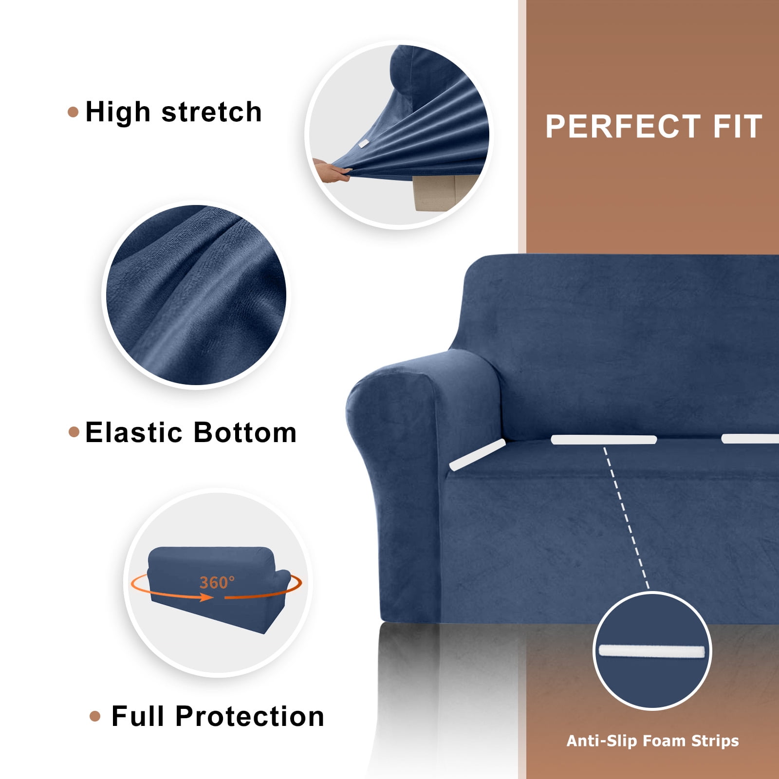 SANMADROLA 100% Waterproof Couch Covers Velvet Stretch Slipcover for 3 Cushion Sofa Cover Non Slip Leakproof Washable Furniture Protector for Kids Dogs Cats Pets