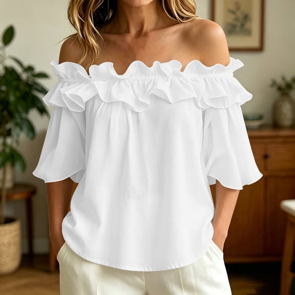 Uootdi Beach Tops for Women Off The Shoulder Ruffle Trim 3/4 Flare Sleeve Plain Soft Woven Loose Fit Coastal Holiday Cute Summer Tops for Women