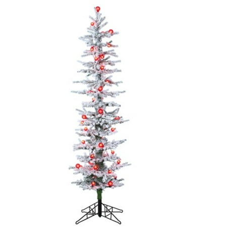 - 6' Pre-Lit White Snow Flocked Green Pine Artificial Christmas Tree - Red Lights