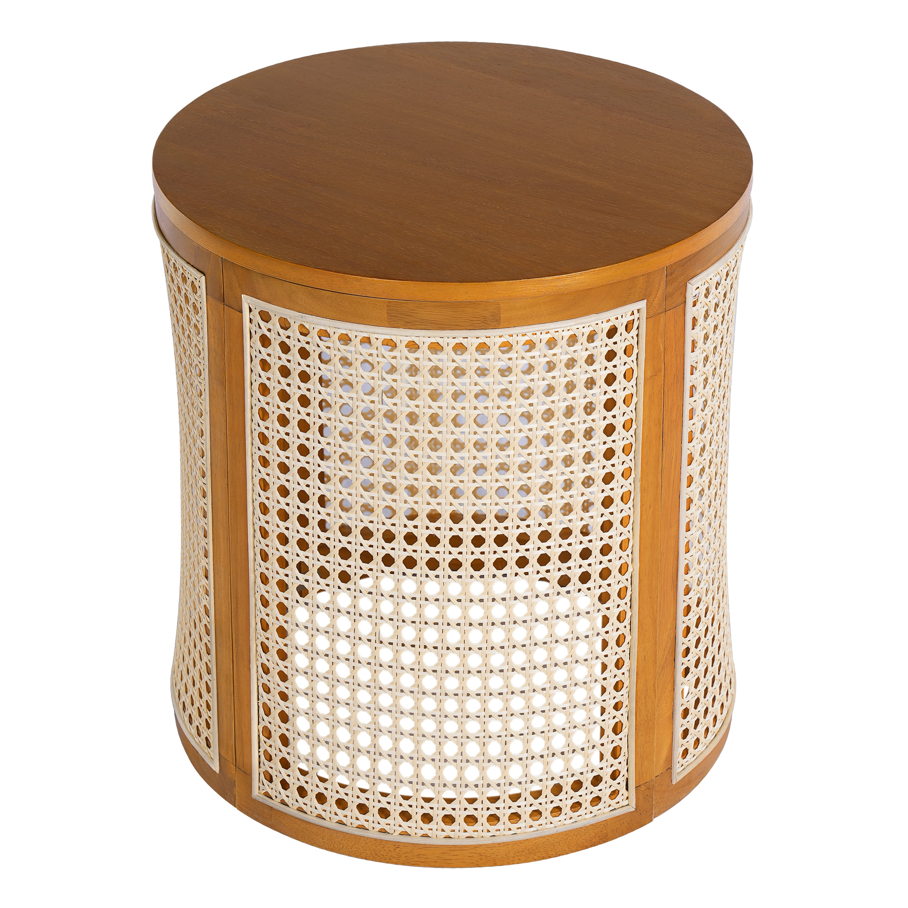 GARITIN Round End Table 15.7 Inch, Woven Rattan Style Side Table with Rubber Wood Frame for Living Room Bedroom, Ochre