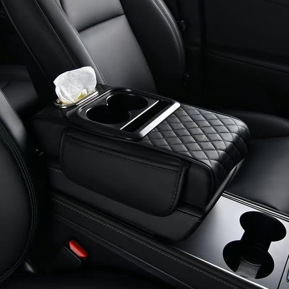 Car Armrest Cushion Cup Holder, Ergonomic Elbow Support, Raised Leather Pad, Extra Side Storage Pockets, Dual Cup Stand, Elastic Straps