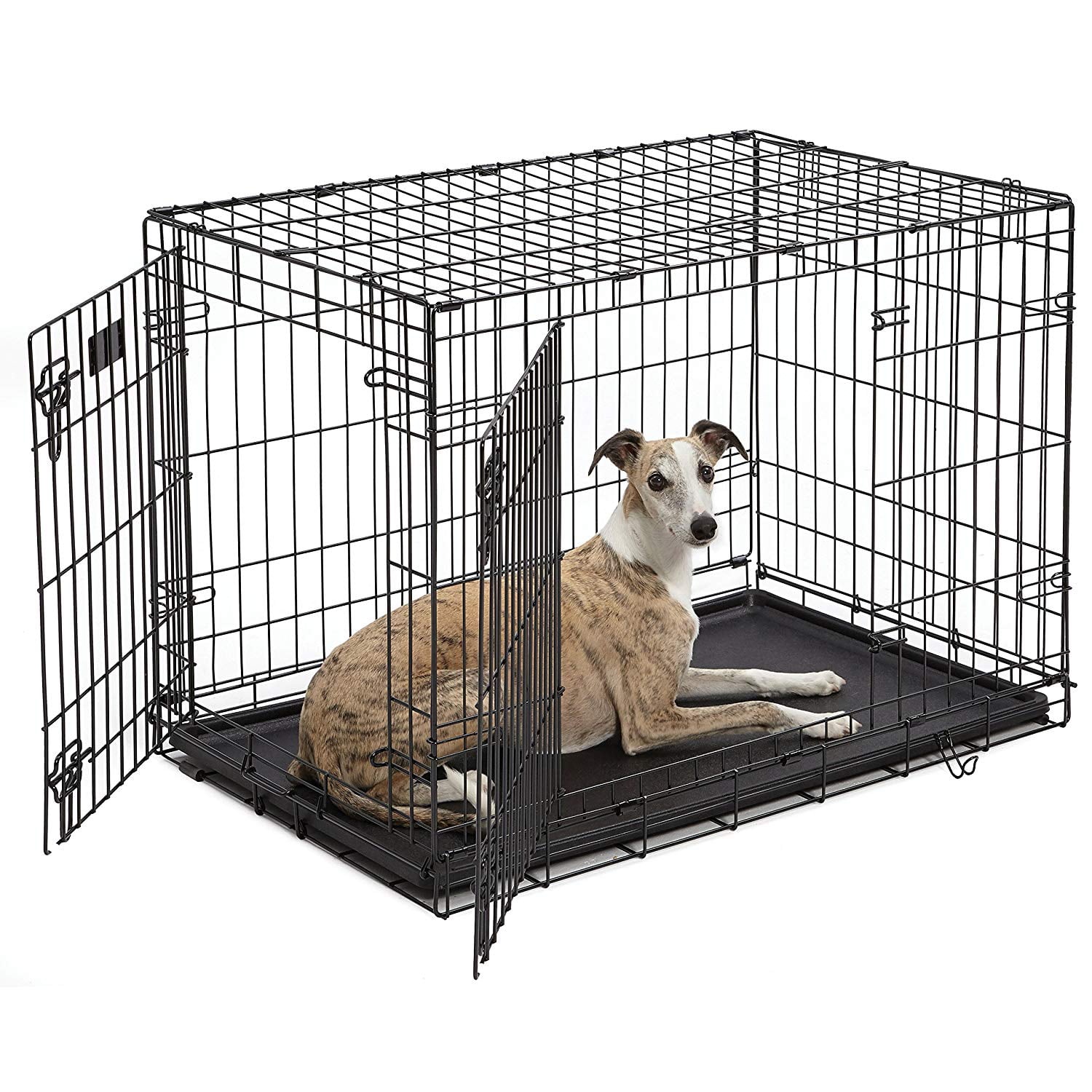 Dog Crate Dog Cage Pet Crate 42 Inch Folding Metal Pet Cage Double Door W/Divider Panel Dog Kennel Leak-Proof Plastic Tray Wire Animal Cage 