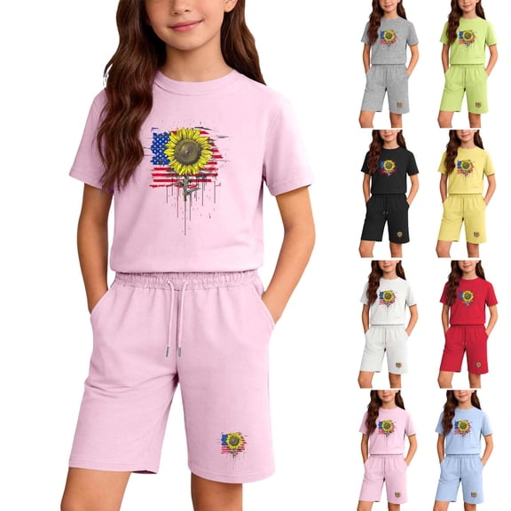 Zynoxe Girls and Boys Two Piece Sets Independence Day Printed Short Sleeve Tops and Elastic Waist Shorts Sets Lounge Cotton Linen Summer Outfits Light Blue 4 Years