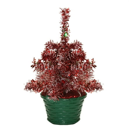 Small Potted Christmas Trees 1' Pre-lit Potted Battery Operated Red Tinsel Artificial Christmas Tree - Green LED Lights ()