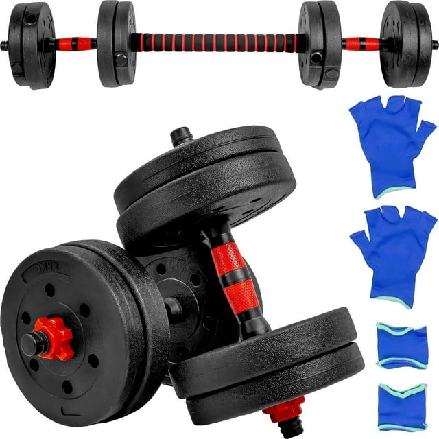 Juego de Mancuernas Ajustables Antiderrapantes de 15 Kg 2 en 1 con 8 Pesas 4 Discos de 2 Kg y 4 Discos de 1.5 kg Set Barra Antideslizante y Mancuernas con Sistema de Conexión Variable