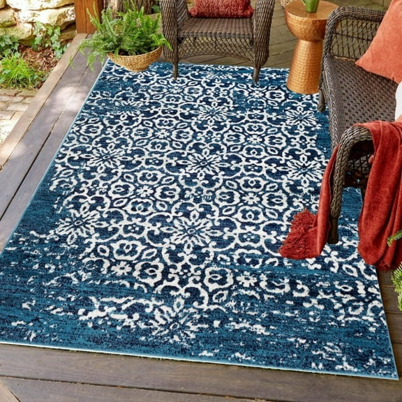 Navy Blue Boho Abstract Outdoor Area Rug For Patio Deck Porch Balcony Camping Washable Waterproof Outside Carpet Vintage Non Slip Bathroom Laundry Room Rugs Runner 1x2ft