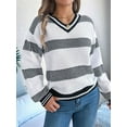 thumbnail image 4 of Womens Oversized Striped Tunic Sweaters Casual V Neck Long Sleeve Color Block Knit Pullover Jumper Tops White S, 4 of 8