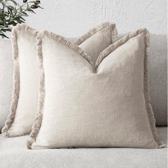 Set of 2 Decorative Linen Fringe Throw Pillow Covers Cozy Boho Farmhouse Cushion Cover with Tassels Soft Accent Pillowcase for Couch Sofa Bed Living Room Home Decor, 20×20 Inch, Beige
